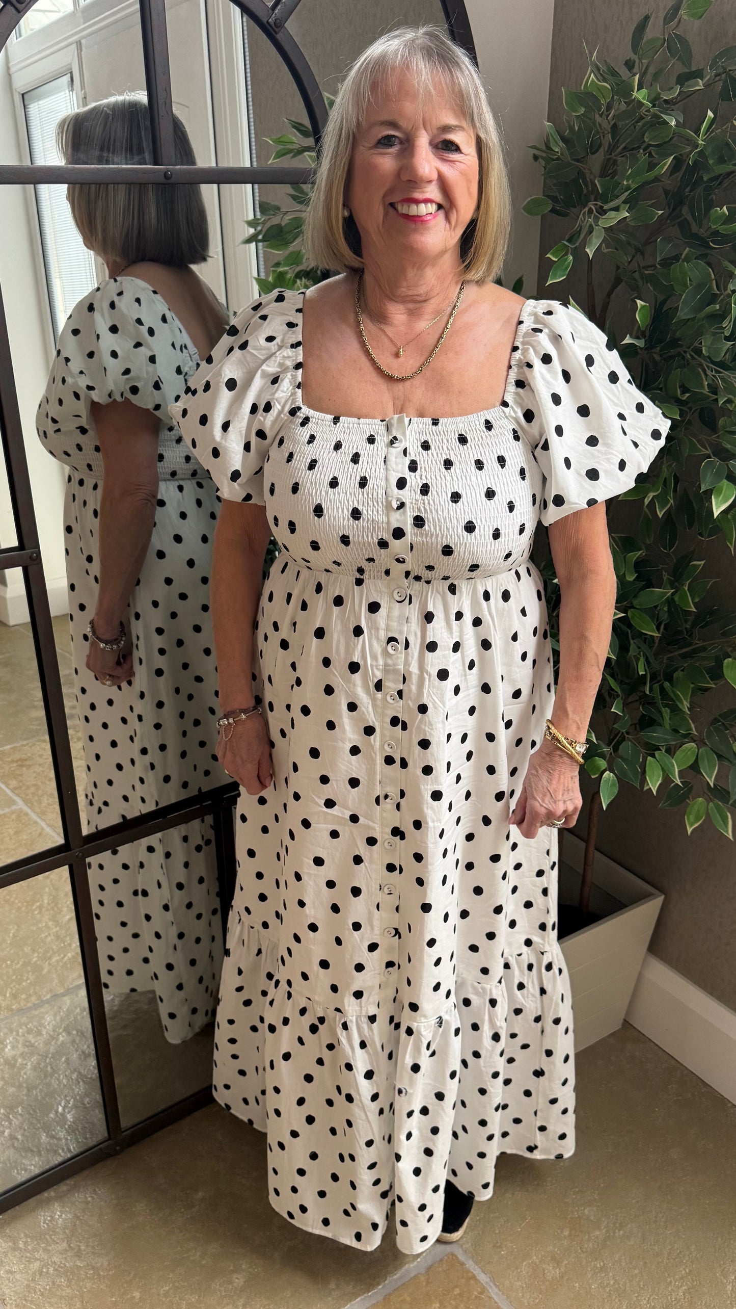 BLACK POLKA DOT SHIRRED MIDI DRESS