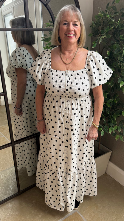 BLACK POLKA DOT SHIRRED MIDI DRESS