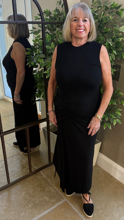 BLACK RUCHED MIDI DRESS