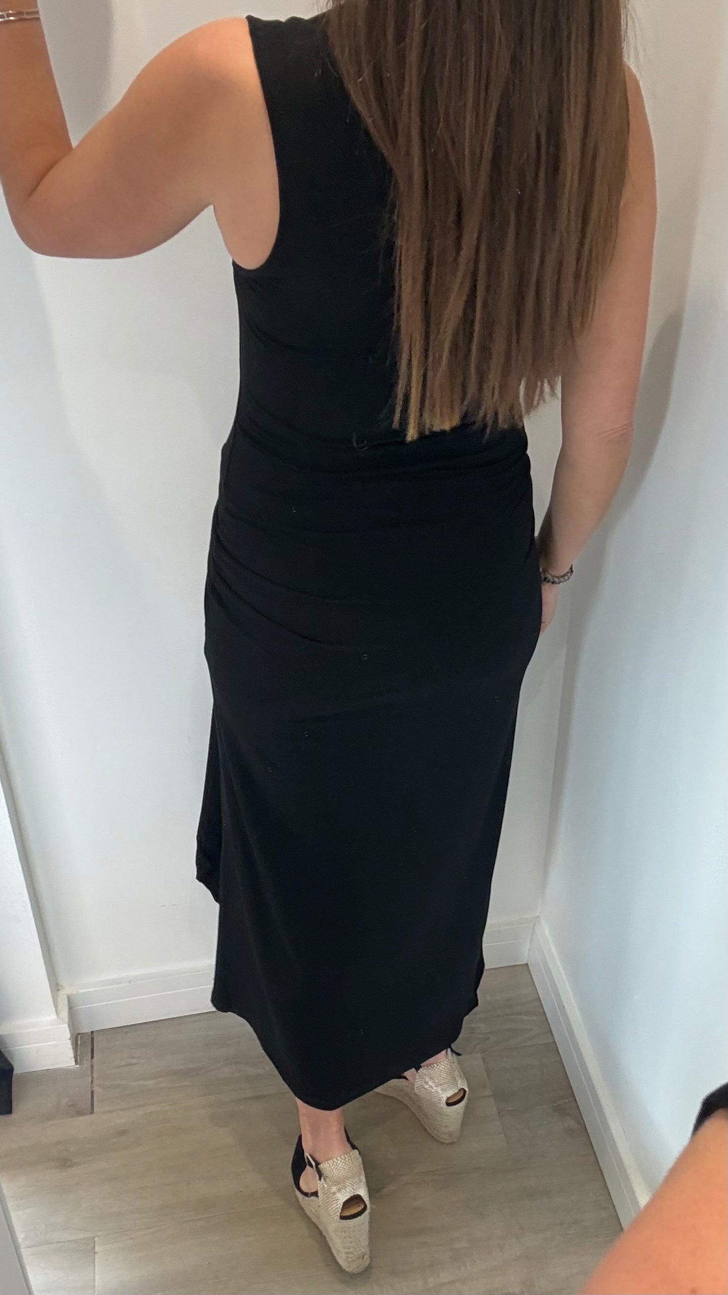BLACK RUCHED MIDI DRESS