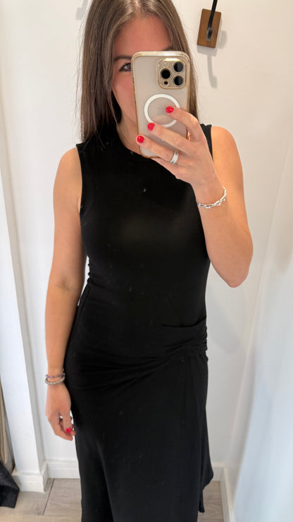 BLACK RUCHED MIDI DRESS