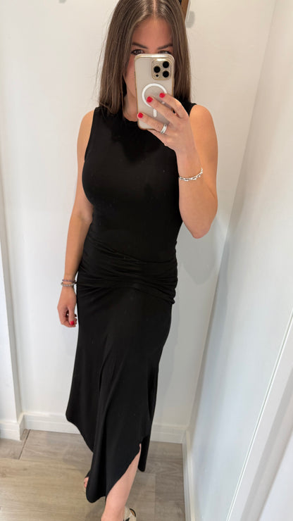 BLACK RUCHED MIDI DRESS
