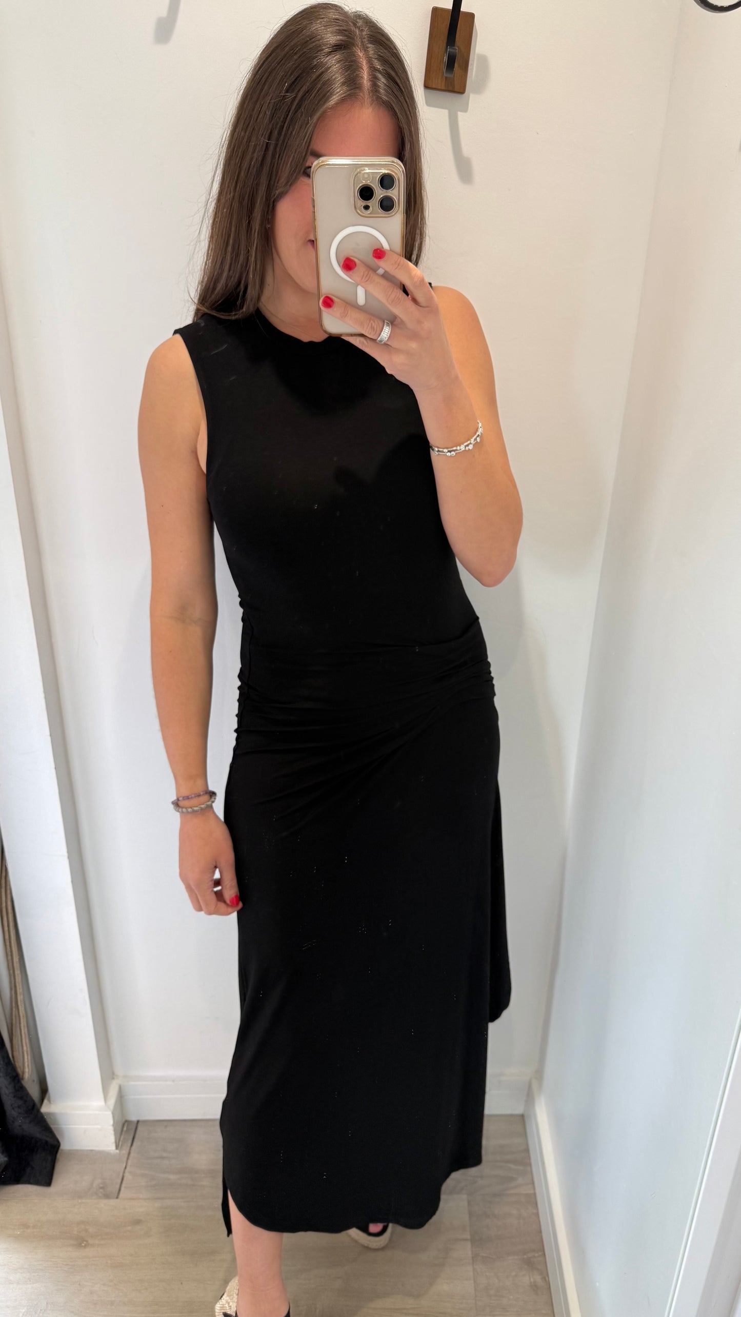 BLACK RUCHED MIDI DRESS
