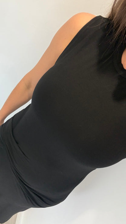 BLACK RUCHED MIDI DRESS