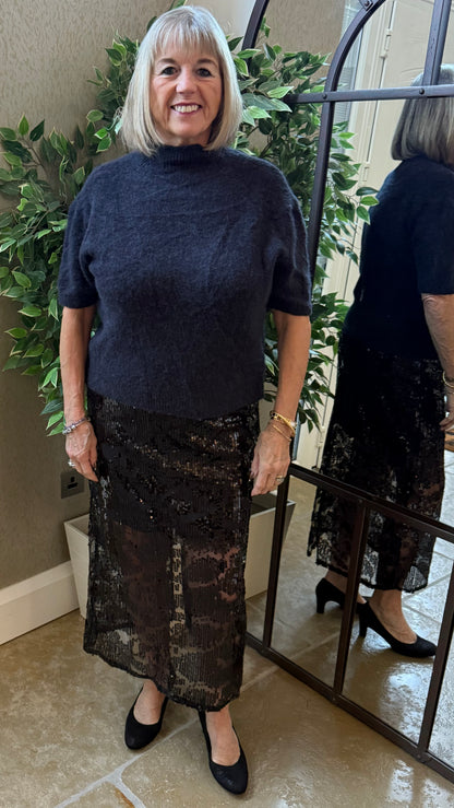 BLACK SEQUIN MIDI SKIRT