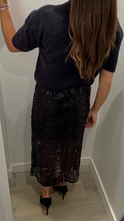 BLACK SEQUIN MIDI SKIRT