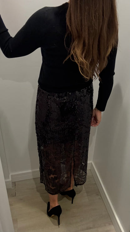 BLACK SEQUIN MIDI SKIRT