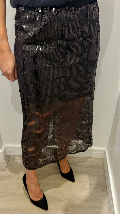 BLACK SEQUIN MIDI SKIRT