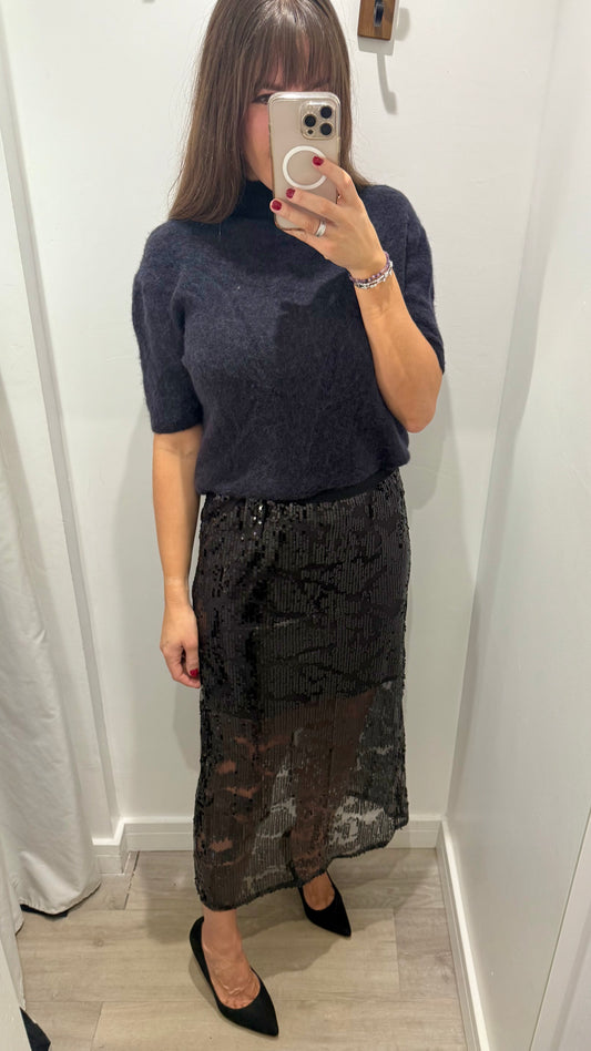 BLACK SEQUIN MIDI SKIRT