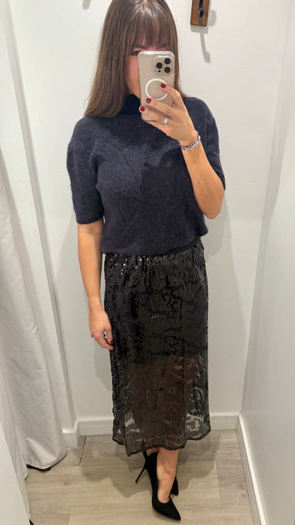 BLACK SEQUIN MIDI SKIRT