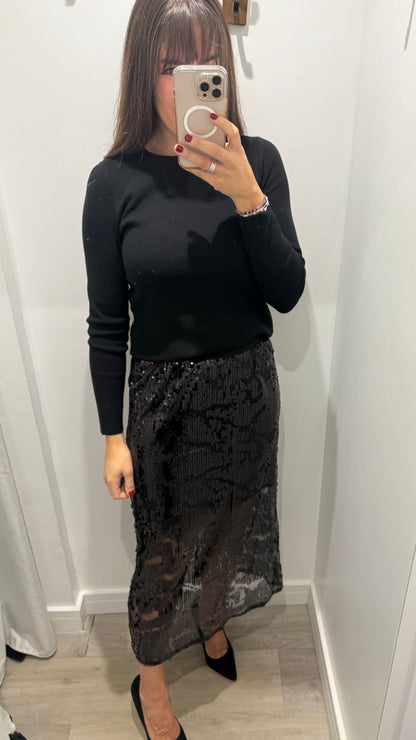 BLACK SEQUIN MIDI SKIRT