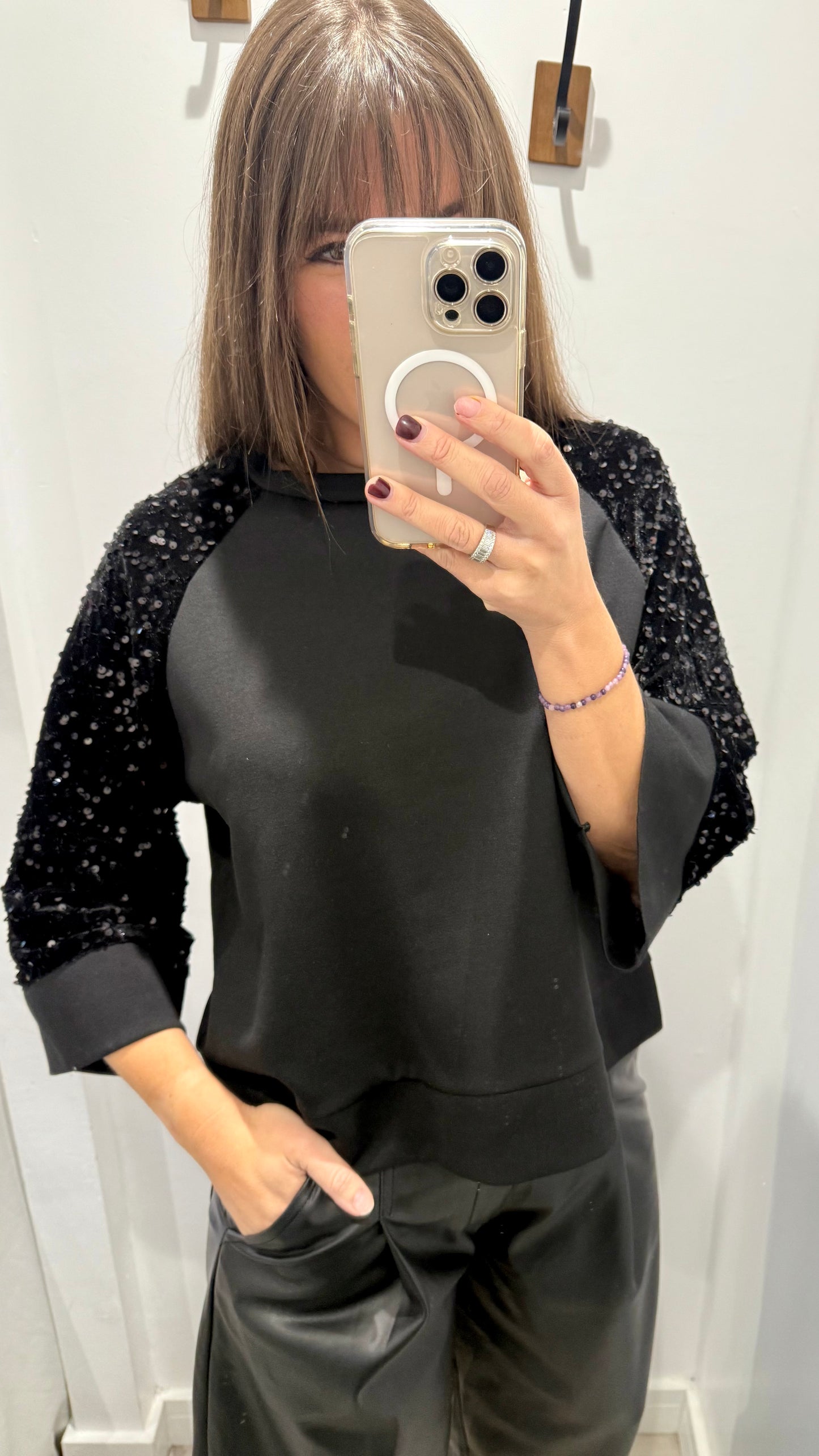 BLACK SEQUIN SLEEVE SWEAT TOP