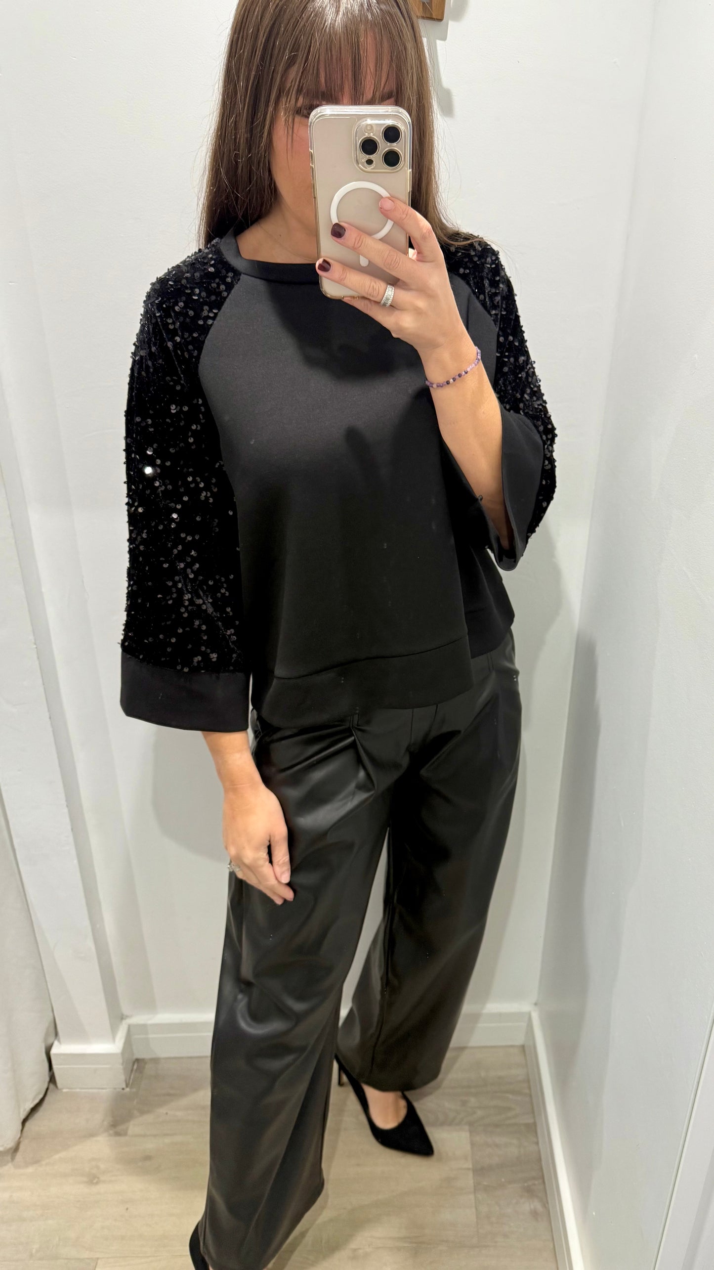 BLACK SEQUIN SLEEVE SWEAT TOP