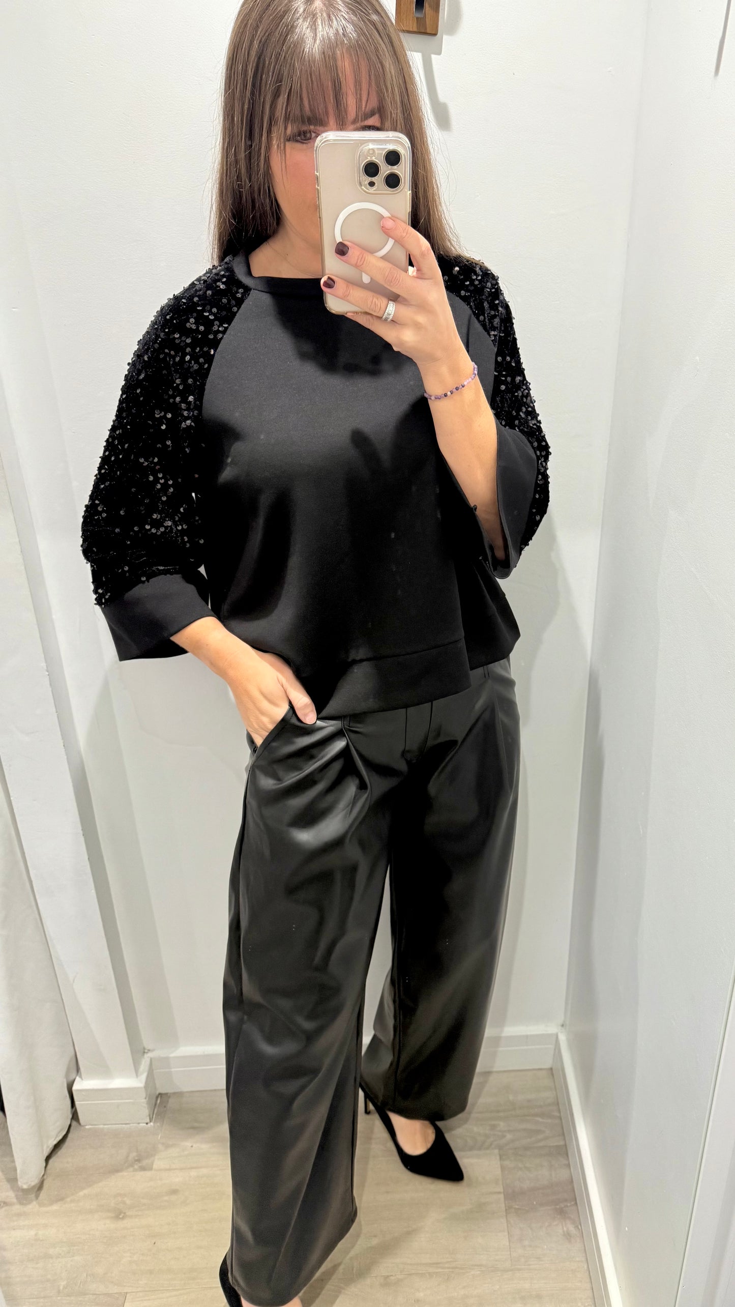 BLACK SEQUIN SLEEVE SWEAT TOP