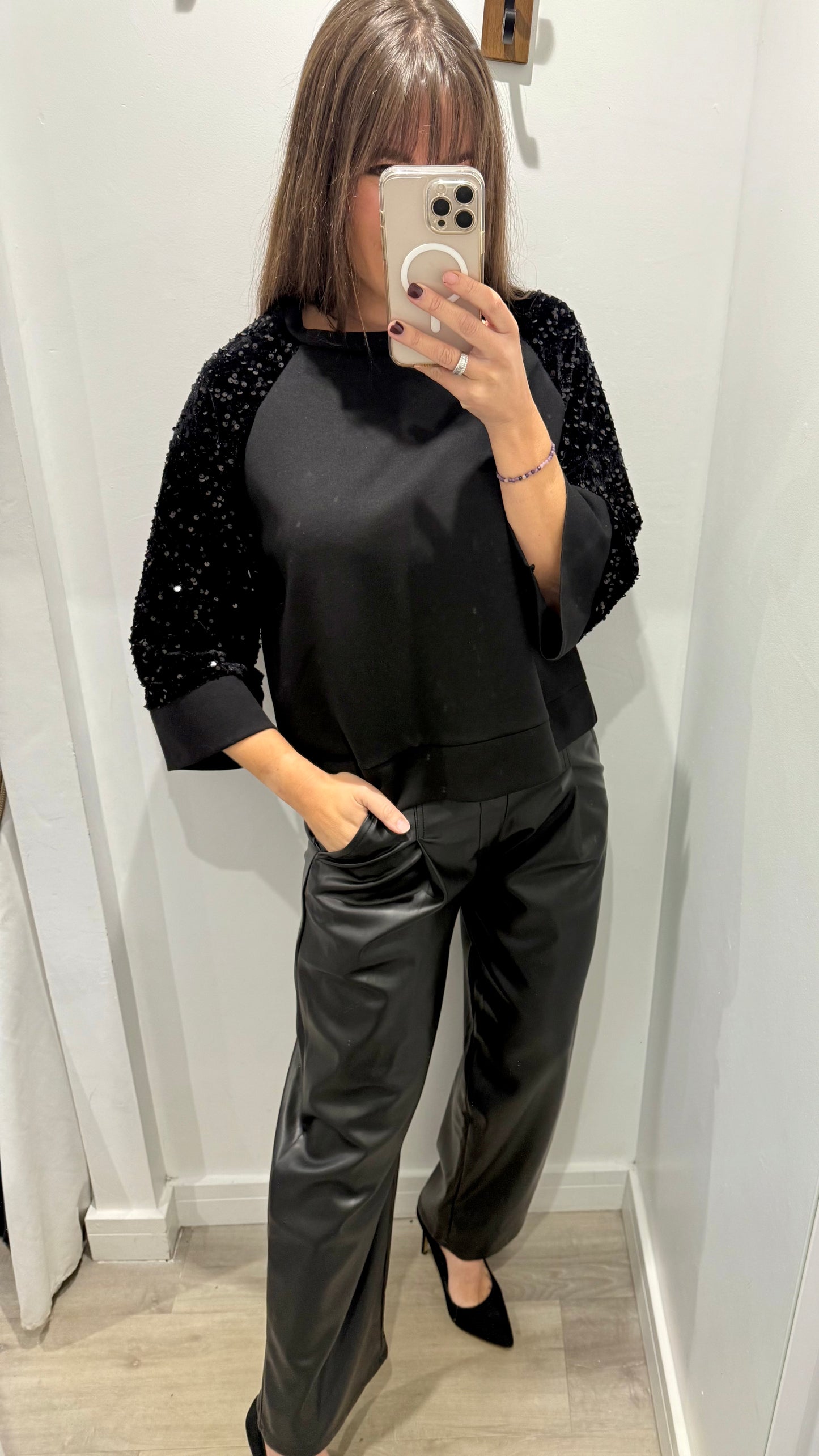 BLACK SEQUIN SLEEVE SWEAT TOP