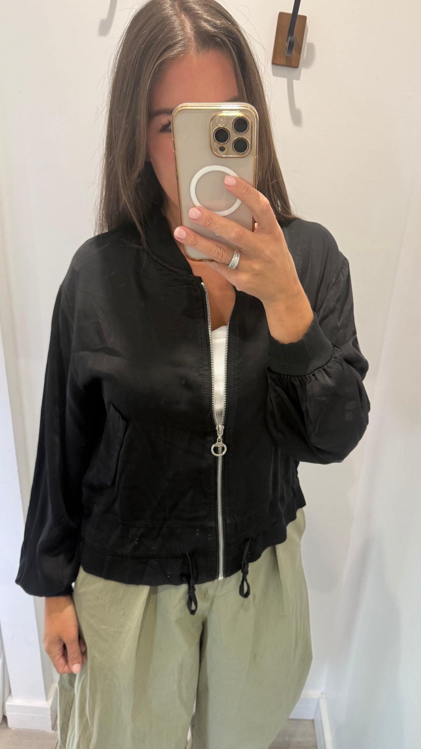 BLACK SATIN FRILL BOMBER JACKET