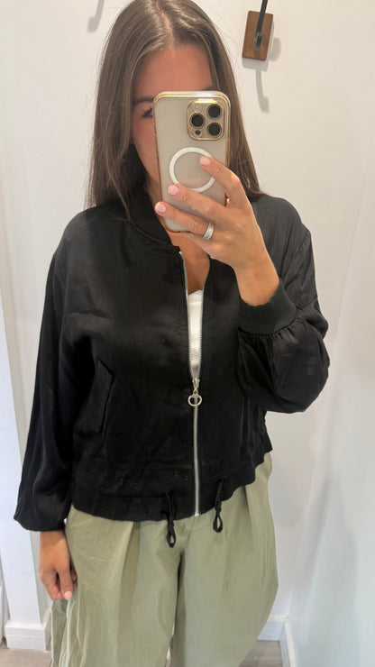 BLACK SATIN FRILL BOMBER JACKET