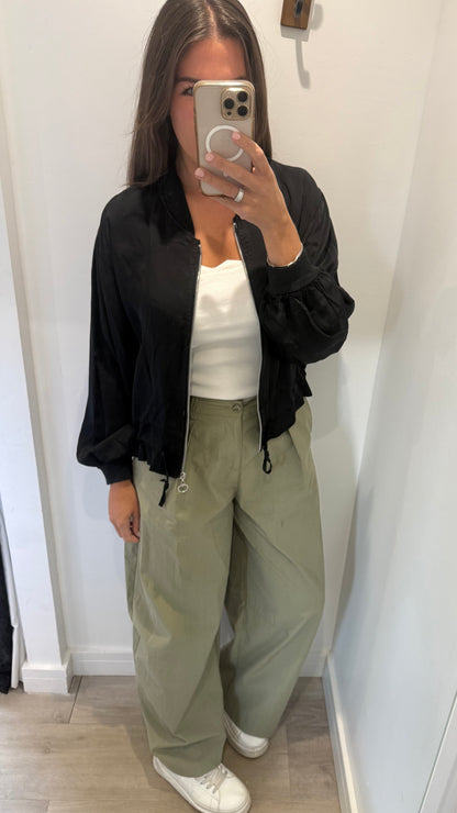 BLACK SATIN FRILL BOMBER JACKET