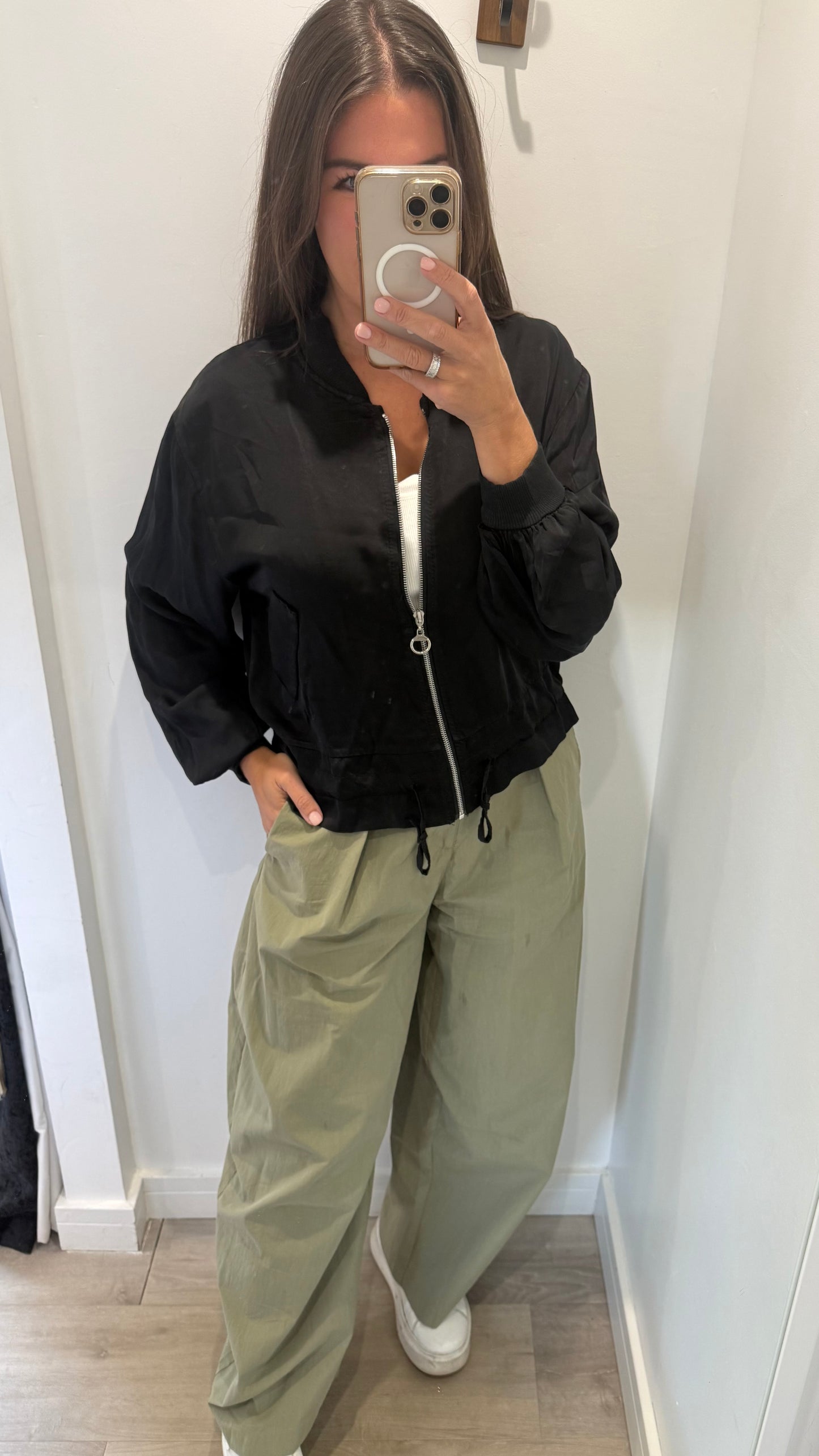 BLACK SATIN FRILL BOMBER JACKET