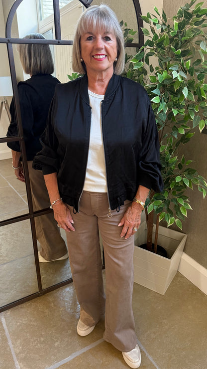 BLACK SATIN FRILL BOMBER JACKET