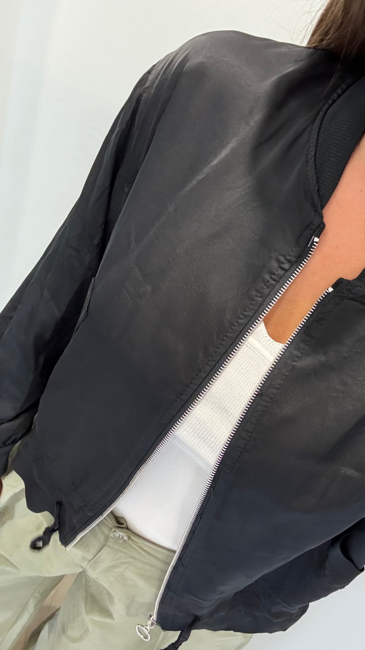BLACK SATIN FRILL BOMBER JACKET