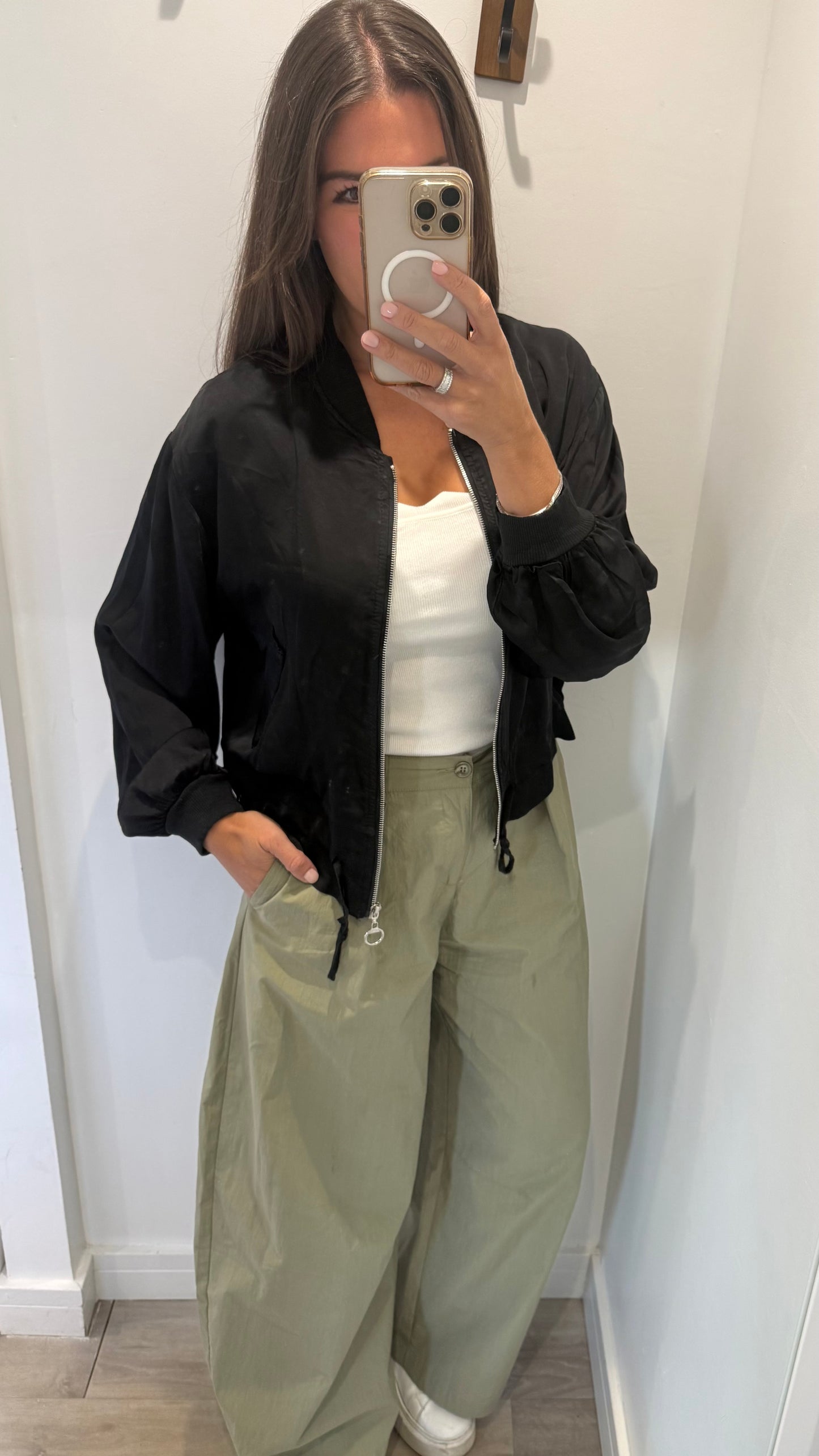 BLACK SATIN FRILL BOMBER JACKET