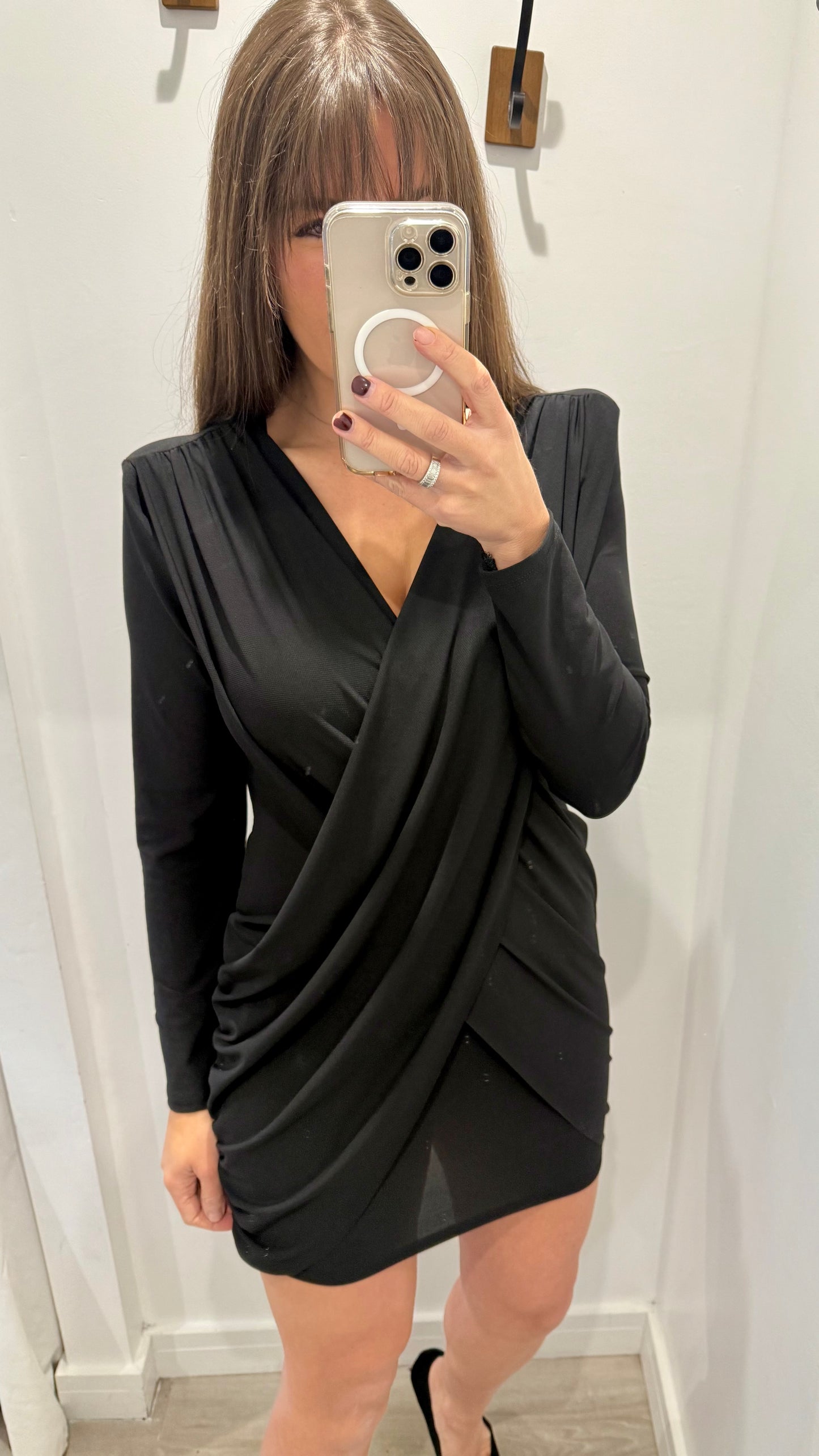 BLACK WRAP STYLE V-NECK DRESS