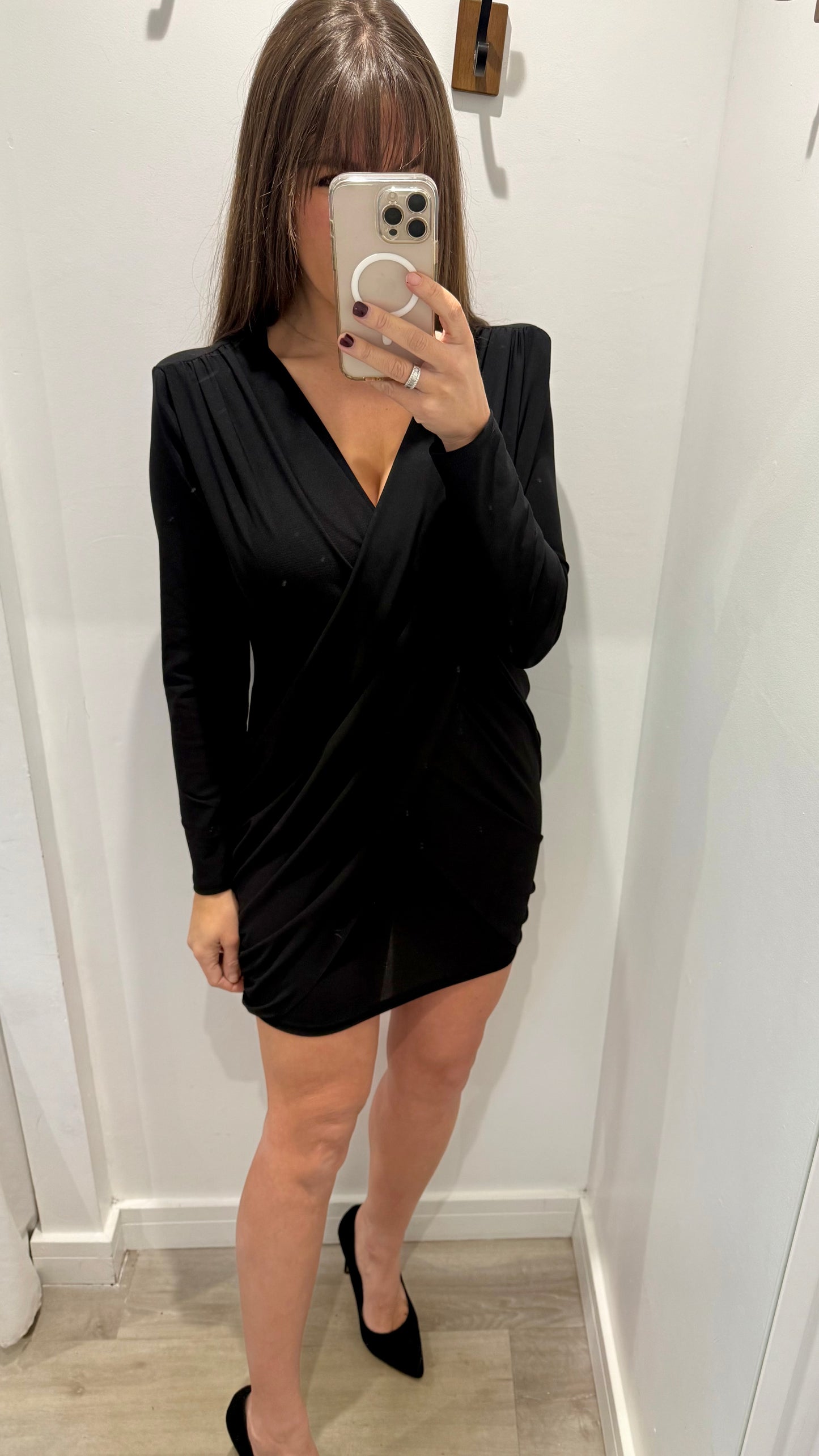 BLACK WRAP STYLE V-NECK DRESS