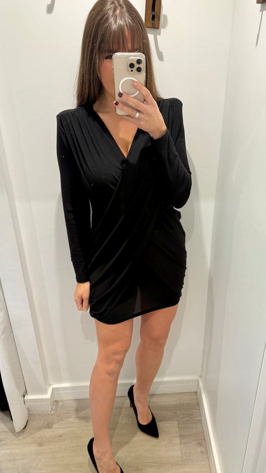 BLACK WRAP STYLE V-NECK DRESS