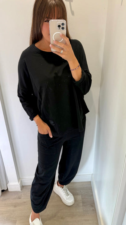 BLACK NATURAL LOUNGE SET - BARREL BOTTOMS & SCOOP HEM TOP