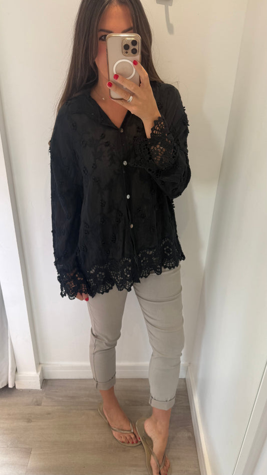 BLACK CROCHET DETAIL SHIRT
