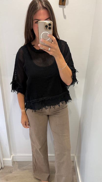 RAW EDGE WAFFLE TOP – BLACK