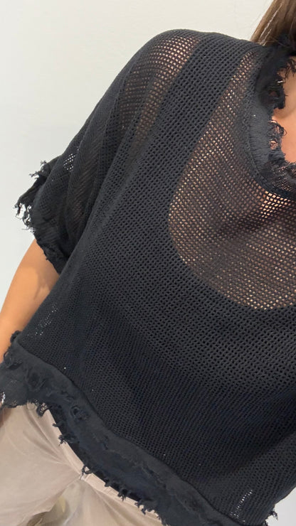 RAW EDGE WAFFLE TOP – BLACK