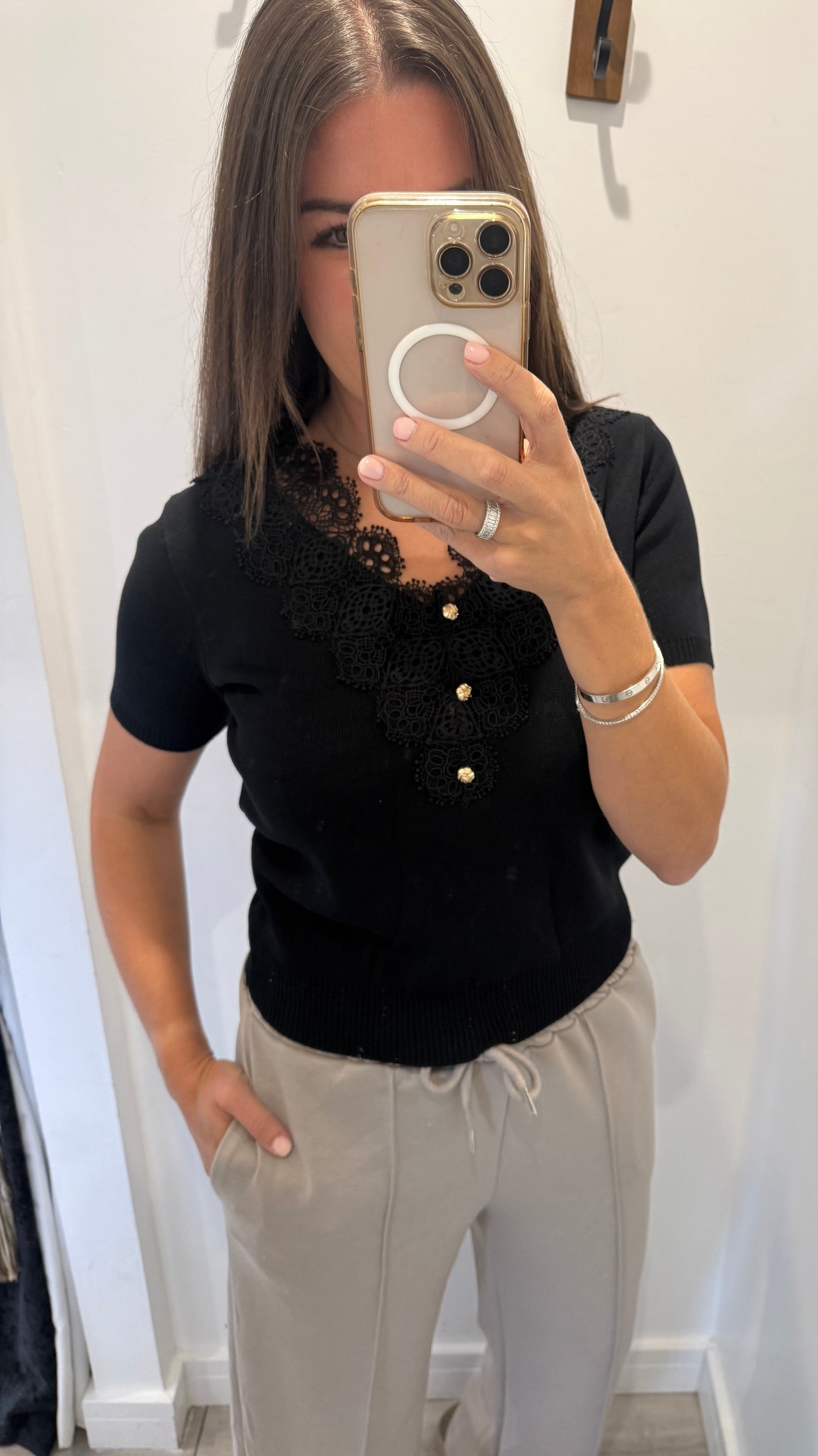 BLACK LACE INSERT GOLD BUTTON FINE KNIT TOP