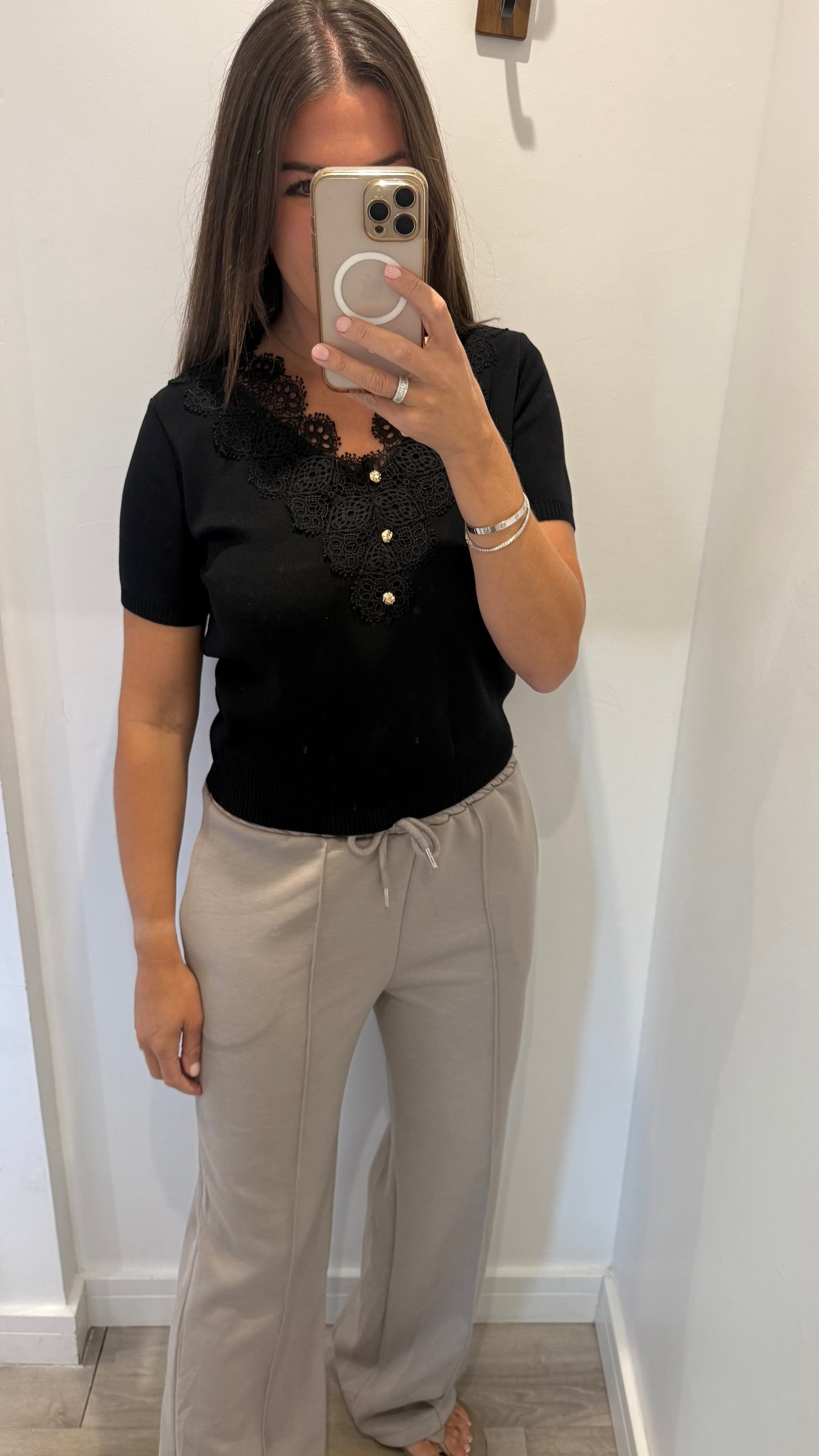 BLACK LACE INSERT GOLD BUTTON FINE KNIT TOP