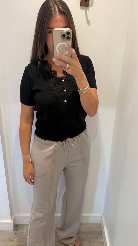 BLACK LACE INSERT GOLD BUTTON FINE KNIT TOP