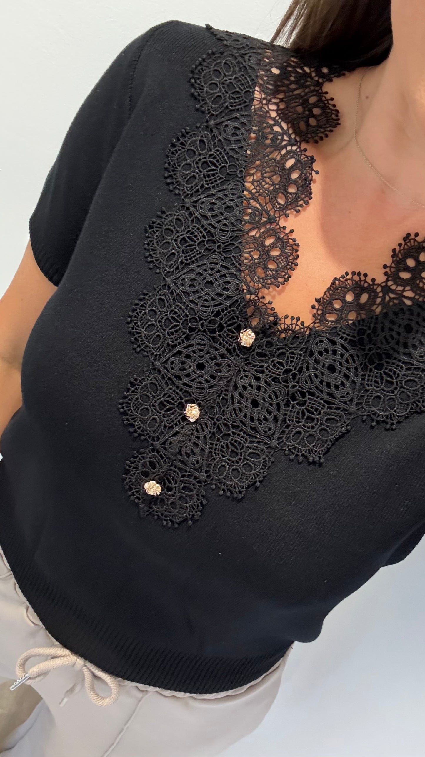 BLACK LACE INSERT GOLD BUTTON FINE KNIT TOP