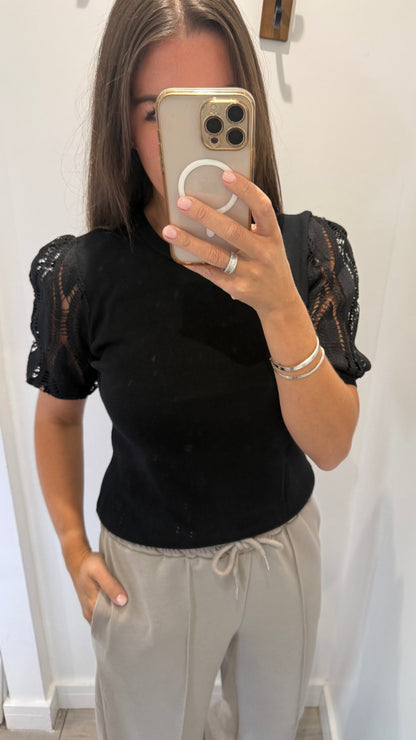 BLACK LACE SLEEVE FINE KNIT TOP