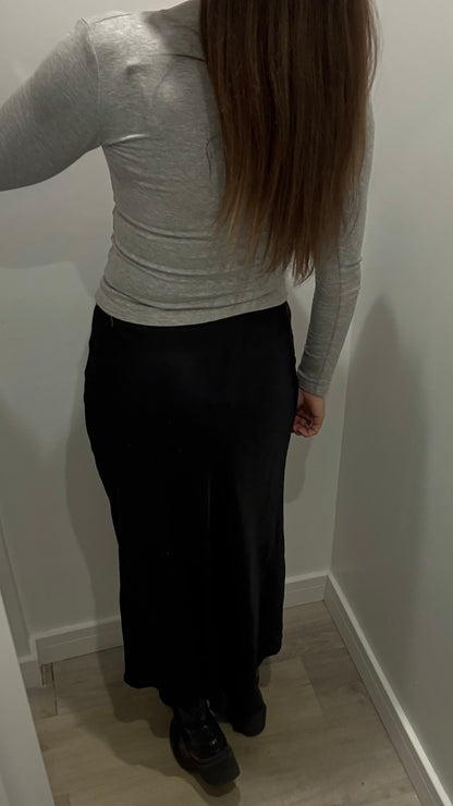 BLACK SATIN BIAS-CUT SLIP SKIRT