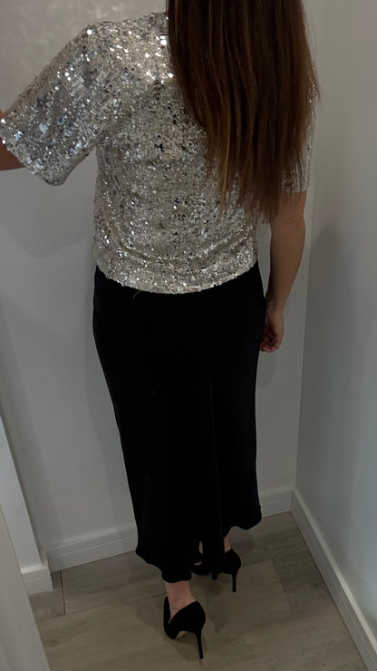 BLACK SATIN BIAS-CUT SLIP SKIRT