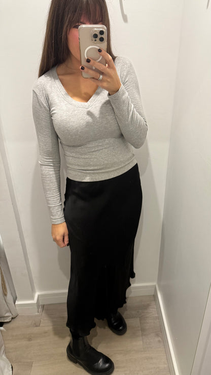 BLACK SATIN BIAS-CUT SLIP SKIRT