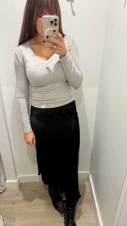 BLACK SATIN BIAS-CUT SLIP SKIRT