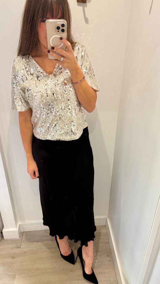 BLACK SATIN BIAS-CUT SLIP SKIRT