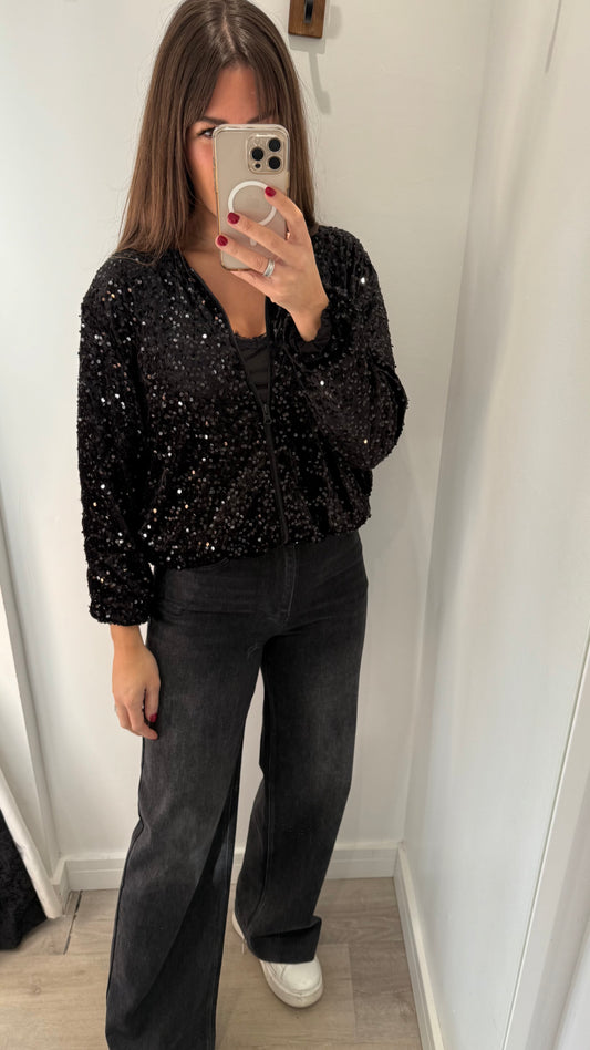 BLACK SEQUIN BOMBER JACKET