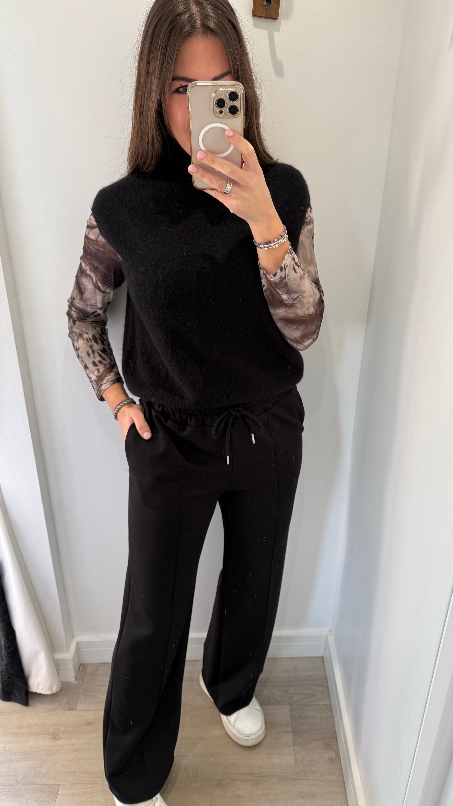 BLACK SLEEVELESS ROLL NECK TANK TOP