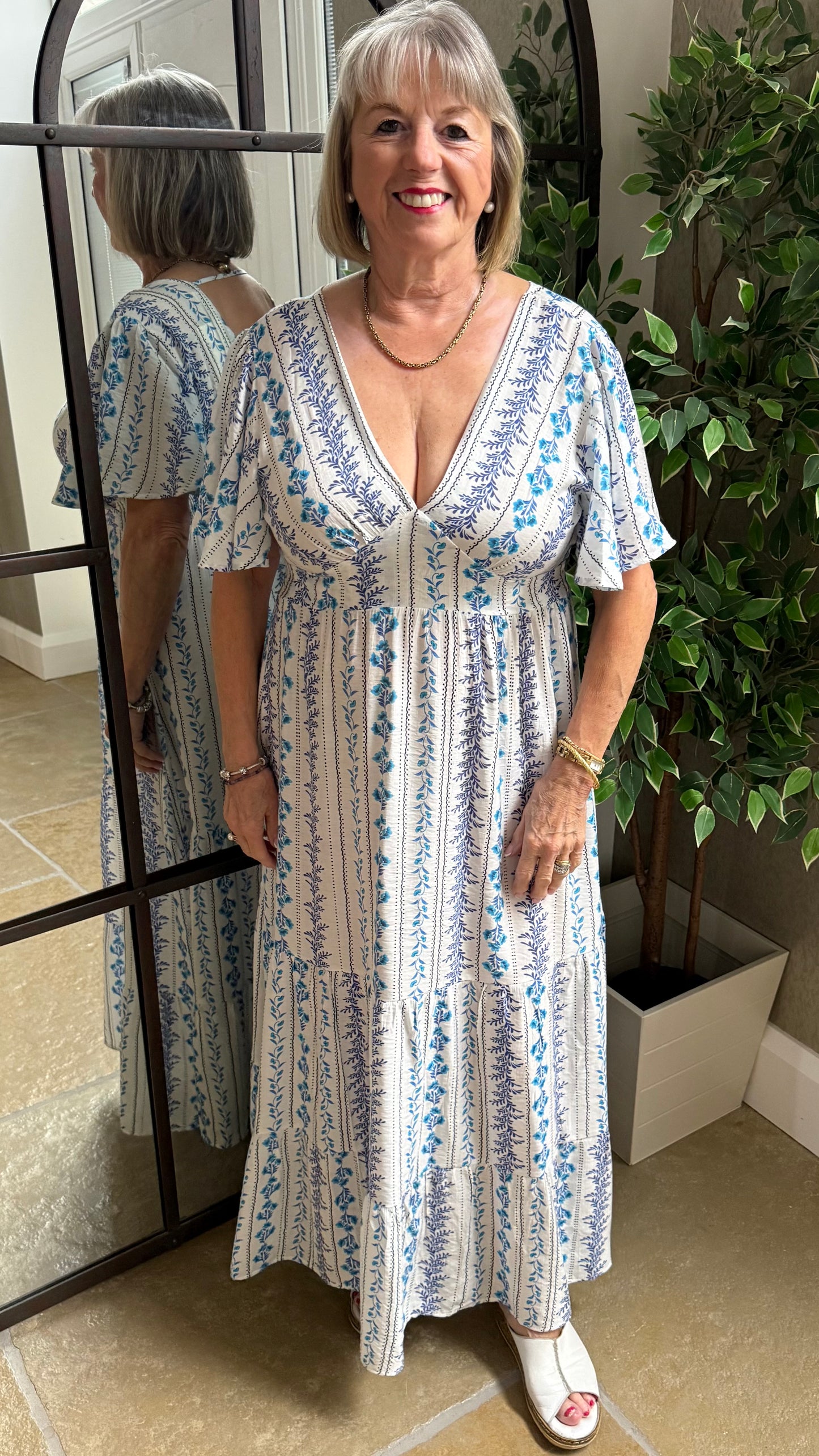 BLUE FLORAL SILKY MAXI DRESS