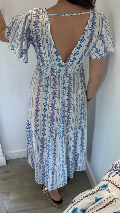 BLUE FLORAL SILKY MAXI DRESS