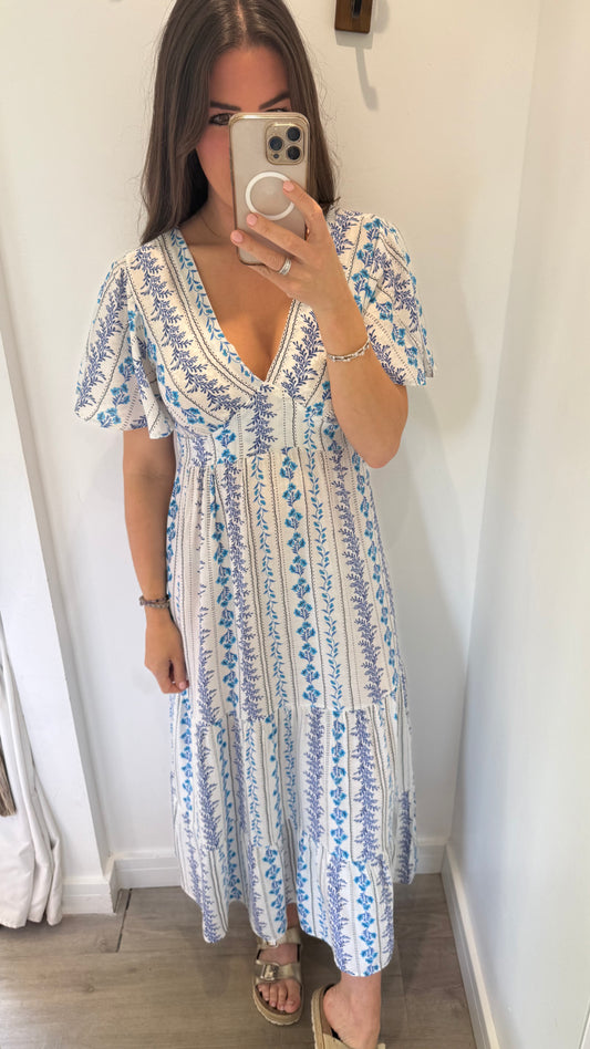 BLUE FLORAL SILKY MAXI DRESS