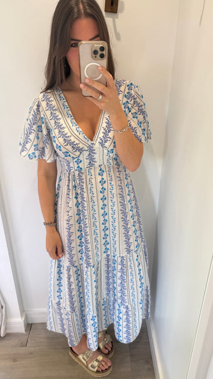 BLUE FLORAL SILKY MAXI DRESS