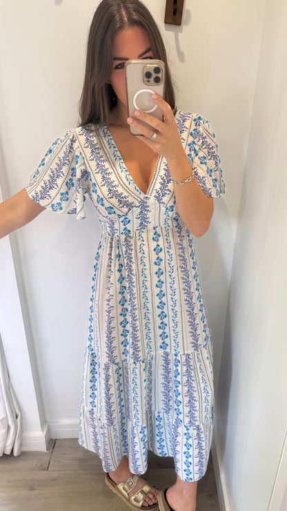 BLUE FLORAL SILKY MAXI DRESS